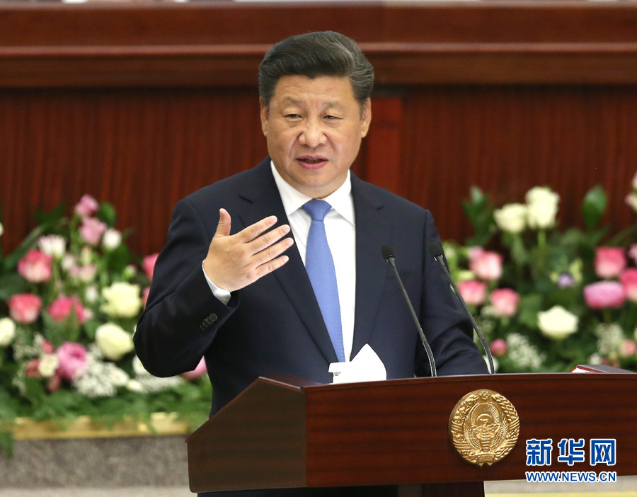 6月22日,，國家主席習(xí)近平在塔什干烏茲別克斯坦最高會(huì)議立法院發(fā)表題為《攜手共創(chuàng)絲綢之路新輝煌》的重要演講,。 新華社記者馬占成攝