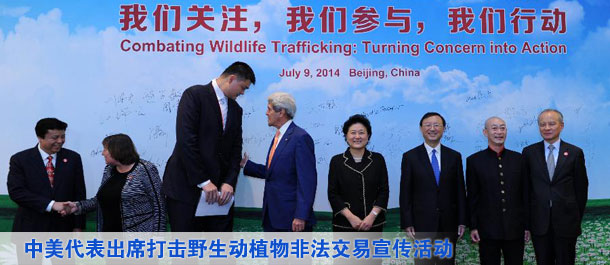 劉延?xùn)|,、楊潔篪同美國(guó)國(guó)務(wù)卿克里共同出席中美打擊野生動(dòng)植物非法交易宣傳活動(dòng)（圖）